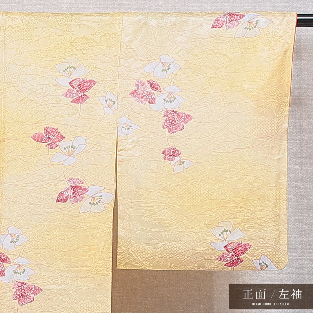 洗える着物 小紋 袷 身丈157cm 裄丈64cm ポリエステル Cランク インフォーマル バチ衿 Mサイズ 花柄 黄系 LP 1221-16433