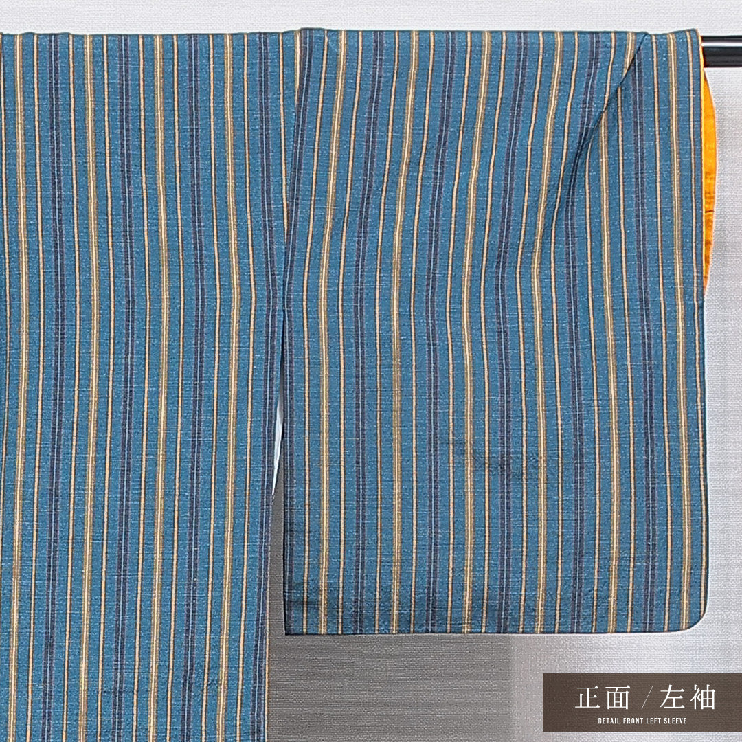 洗える着物 紬 袷 身丈164cm 裄丈65cm ポリエステル Sランク カジュアル 広衿 Lサイズ 縞 青系 RP 1223-16290