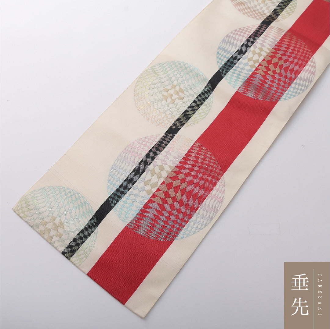 八寸名古屋帯 帯丈343cm インフォーマル 松葉仕立て 六通 Aランク 正絹 博多織 毬 縞 クリーム系 1224-03416