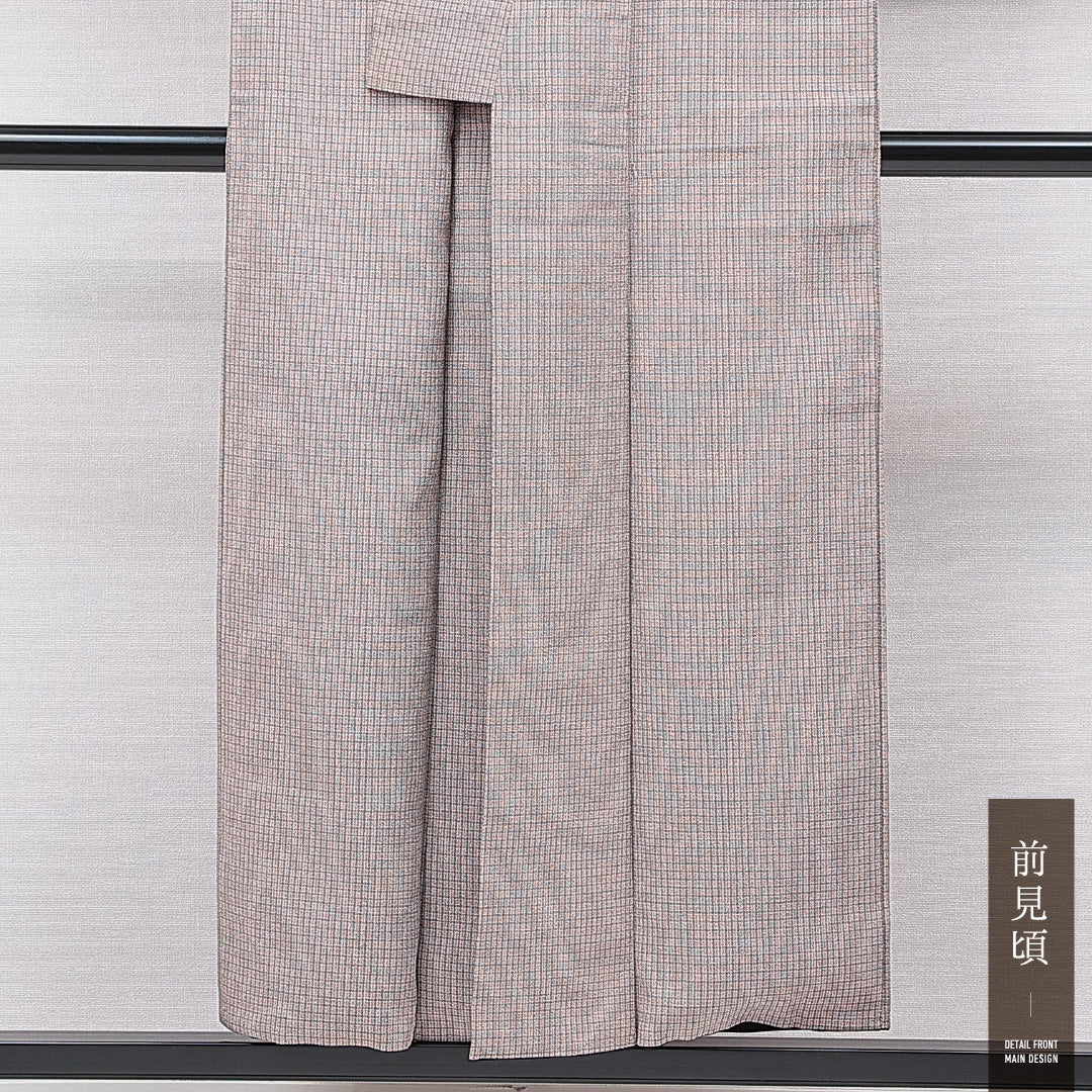 紬 袷 身丈151cm 裄丈62cm 正絹 Dランク Sサイズ 広衿 カジュアル 格子 グレー系 1216-15527