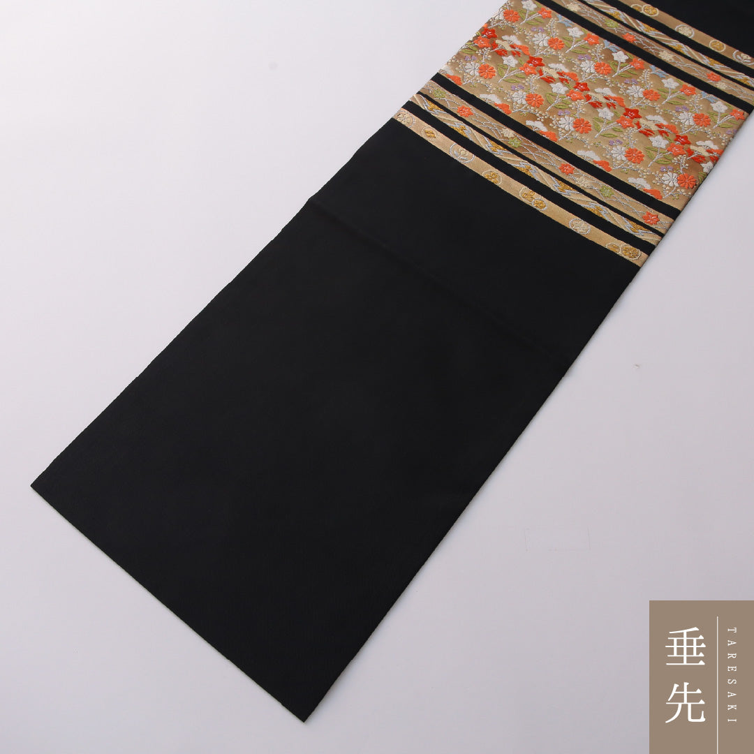 九寸名古屋帯 Sランク 帯丈350cm 正絹 六通 名古屋仕立て 織り セミフォーマル 秋草文 黒系 RP 1245-03235