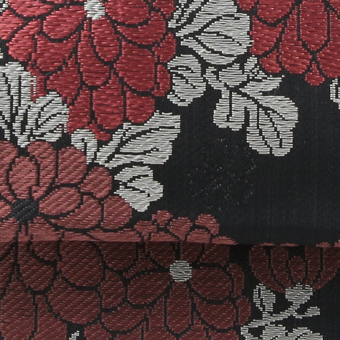 アンティーク 九寸名古屋帯 帯丈342cm 名古屋仕立て 六通 Aランク 正絹 大島織 牡丹 菊 黒系 1224-03970