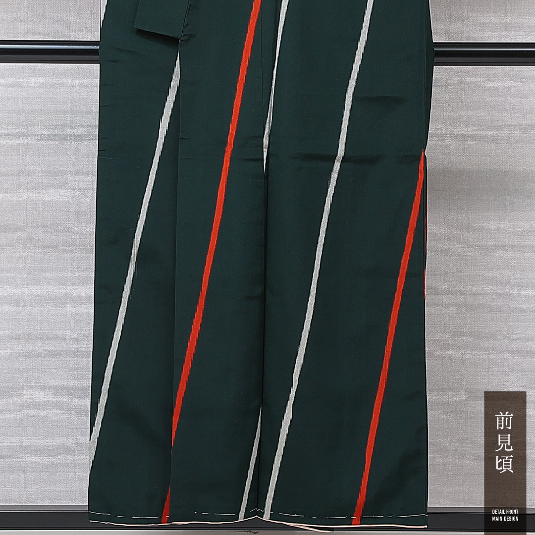 アンティーク お召 袷 身丈152cm 裄丈66cm 正絹 Cランク バチ衿 Sサイズ 創作柄 緑系 RP 1222-16762