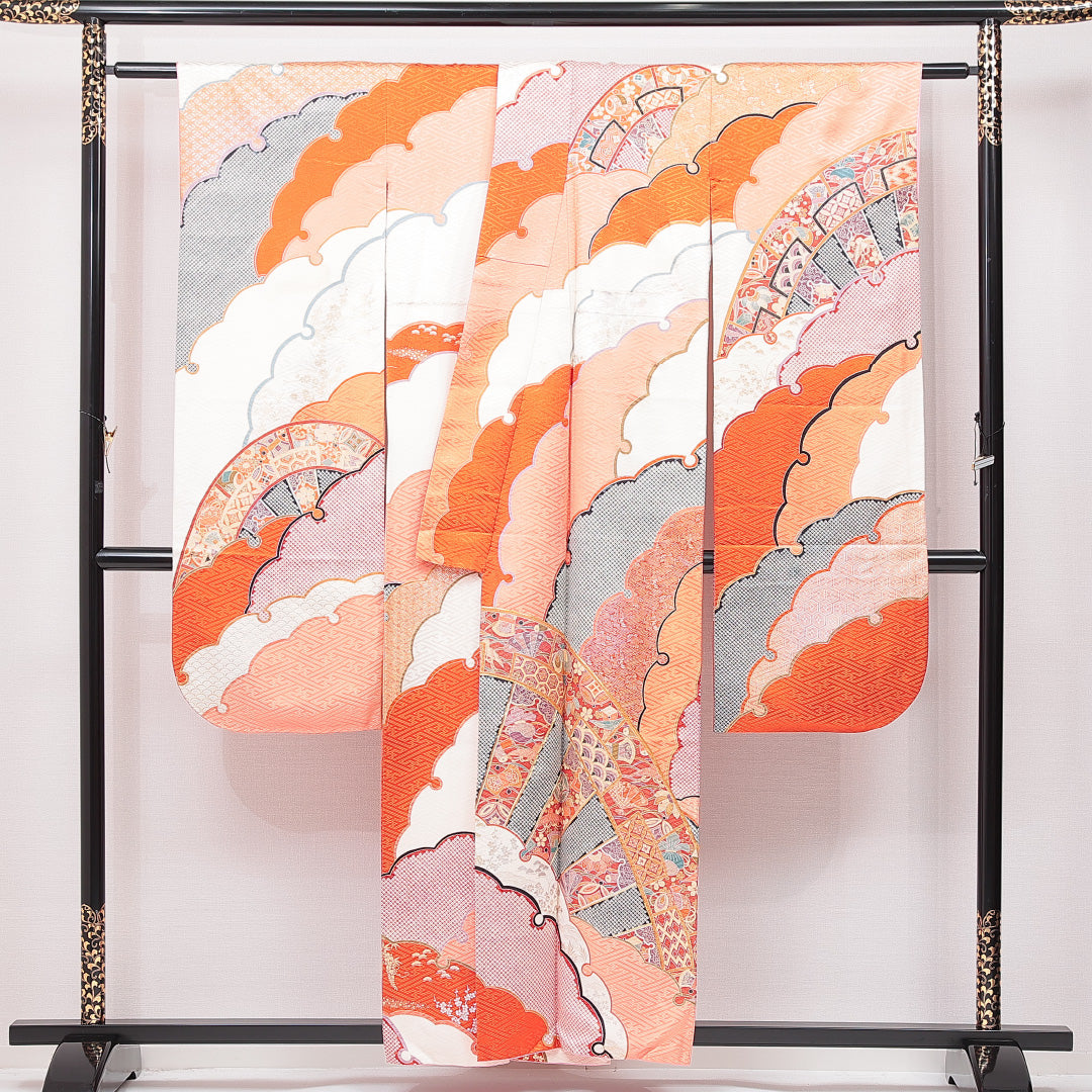 振袖 袷 身丈156cm 裄丈63cm フォーマル Bランク Mサイズ 正絹 広衿 扇 芝草 1213-F0639