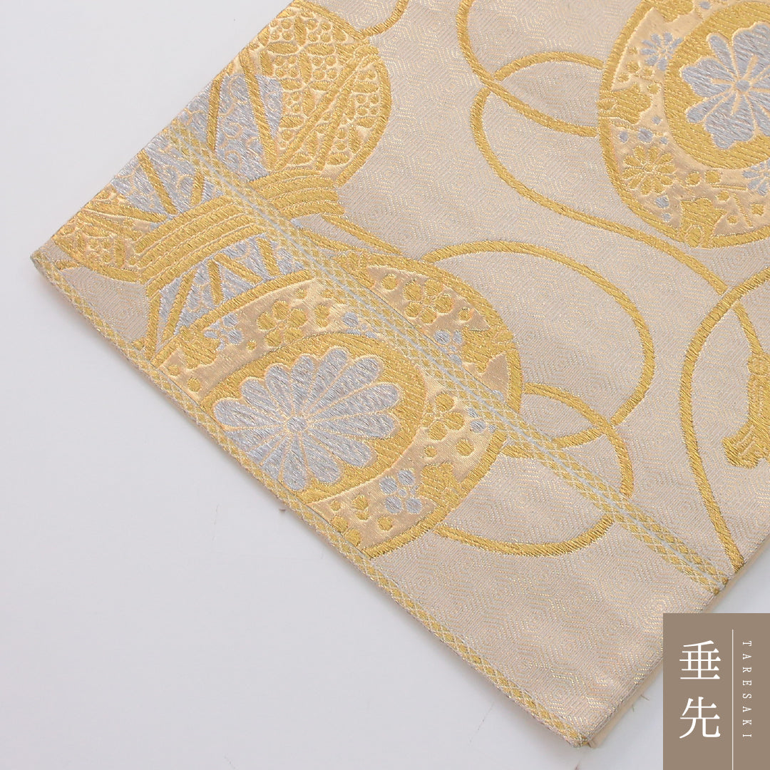 アンティーク 袋帯 帯丈416cm 六通 未仕立て 帯芯なし Aランク 正絹 鼓 金系 クリーム系 1223-02322