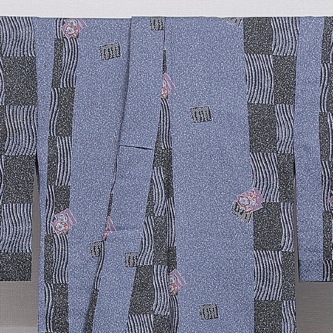 小紋 洗える着物 胴抜き 身丈162cm 裄丈67cm ポリエステル Cランク Lサイズ バチ衿 インフォーマル 花柄 青系 1215-16339