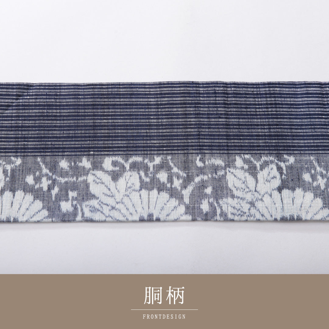 九寸名古屋帯(紬) 帯丈353cm カジュアル 名古屋仕立て 全通 Cランク 正絹 唐菊 縞 紺系 1224-03951