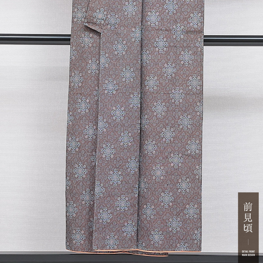 アンティーク 紬 袷 身丈150cm 裄丈61cm 正絹 Dランク バチ衿 Sサイズ アラベスク文様 茶系 RP 1223-16424