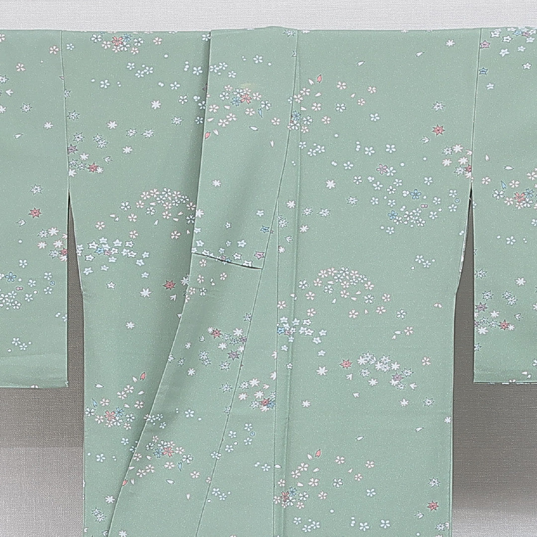 洗える着物 小紋 袷 身丈165cm 裄丈66cm ポリエステル Bランク インフォーマル 広衿 XLサイズ 桜 緑系 RP 1221-16106