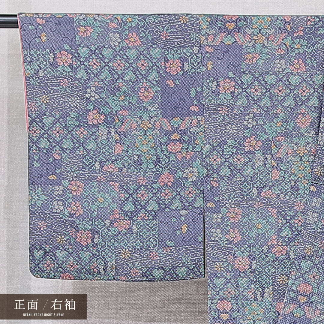 小紋 袷 身丈156cm 裄丈60cm 正絹 Sランク インフォーマル 広衿 Mサイズ 蜀江 流水 紫系 RP 1221-15201