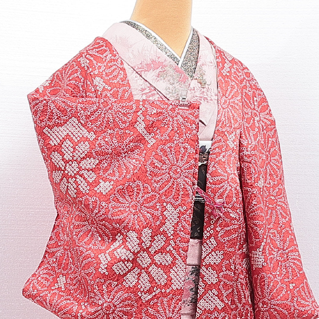 羽織 袷 身丈77cm 裄丈65cm 正絹 Aランク カジュアル Mサイズ 紐あり 菊 赤系 HP 1232-16454