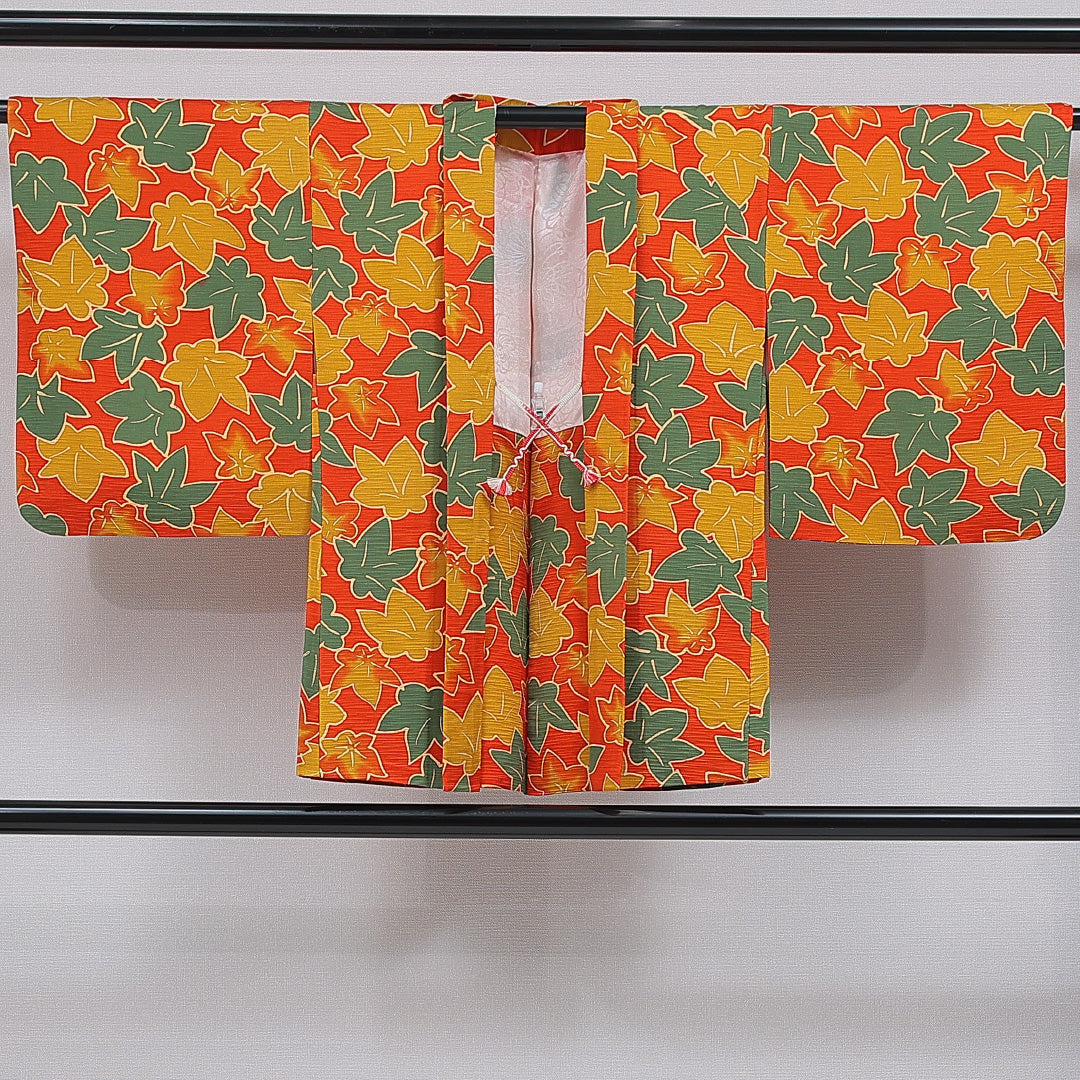 羽織 袷 身丈75cm 裄丈62cm 正絹 Sランク カジュアル Sサイズ 紐あり 紅葉 楓 朱系 RP 1232-16841