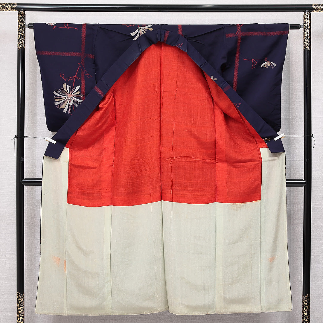 アンティーク お召 袷 身丈150cm 裄丈62cm 正絹 Dランク Sサイズ バチ衿 菊 紫系 1265-15042