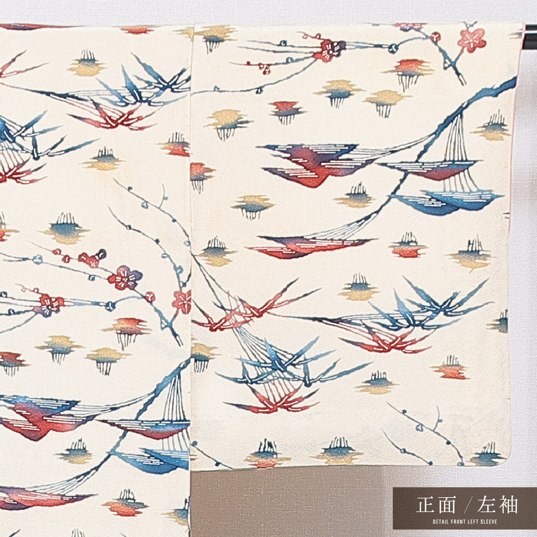 小紋 袷 身丈147cm 裄丈60cm 正絹 Bランク インフォーマル 広衿 XSサイズ 山 クリーム系 HP 1221-15908