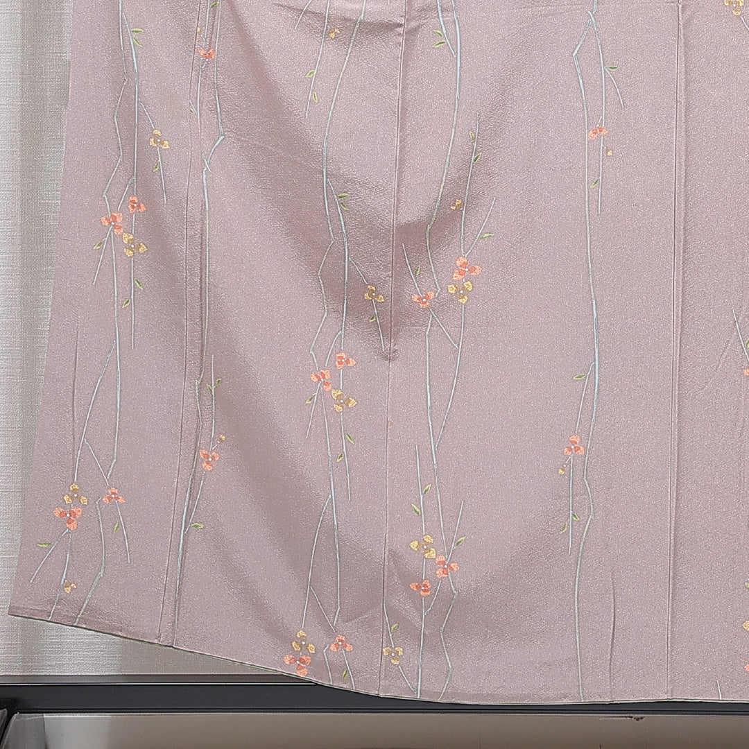 小紋 袷 身丈156cm 裄丈62cm 正絹 Sランク Mサイズ 広衿 インフォーマル 植物柄 グレー系 1215-15644