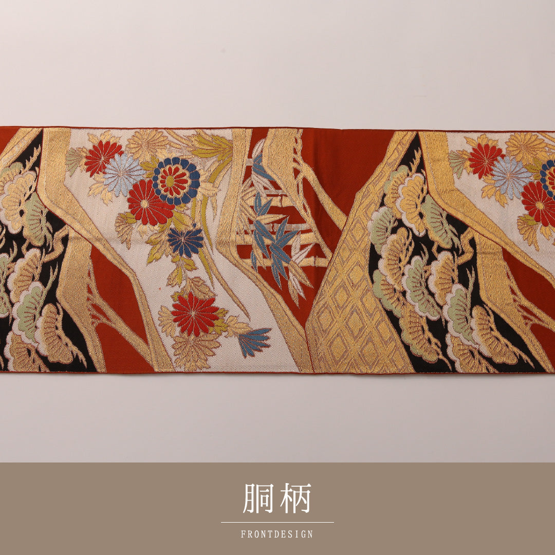 袋帯 帯丈400cm フォーマル 六通 未仕立て 帯芯なし Cランク 正絹 菱 菊 笹 朱系 金系 1223-01902