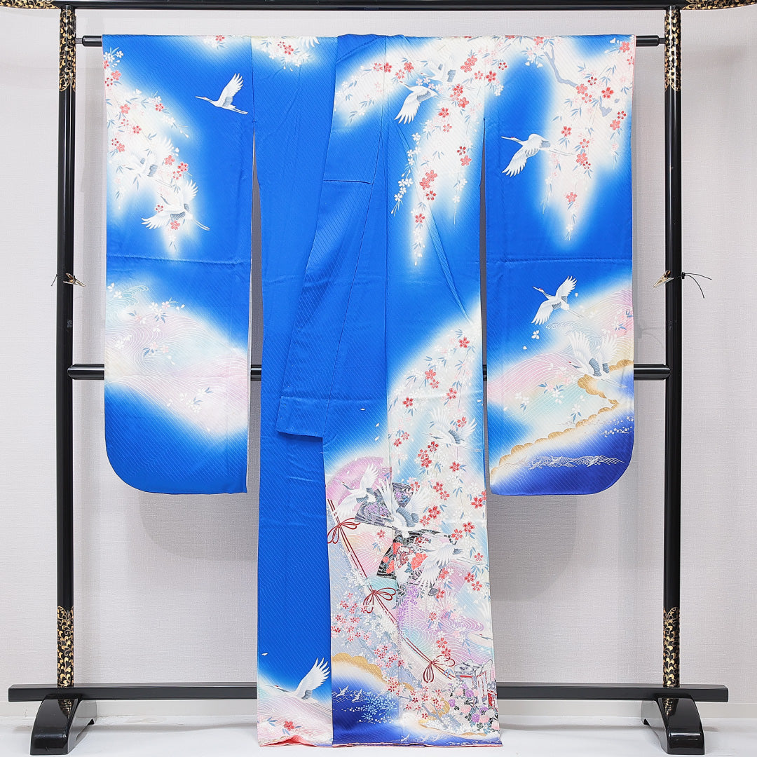 振袖 袷 身丈168cm 裄丈65cm フォーマル Cランク XLサイズ 正絹 広衿 鶴 扇 桜 1213-F0665