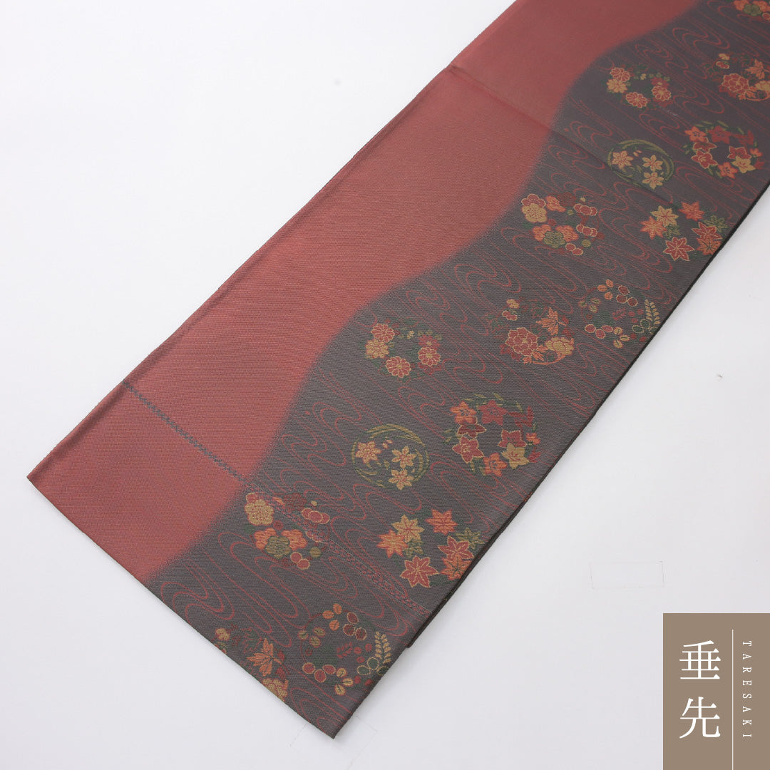 袋帯 帯丈432cm 正絹 六通 帯芯なし セミフォーマル 光琳波 丸文 グレー系 赤系 1243-02223