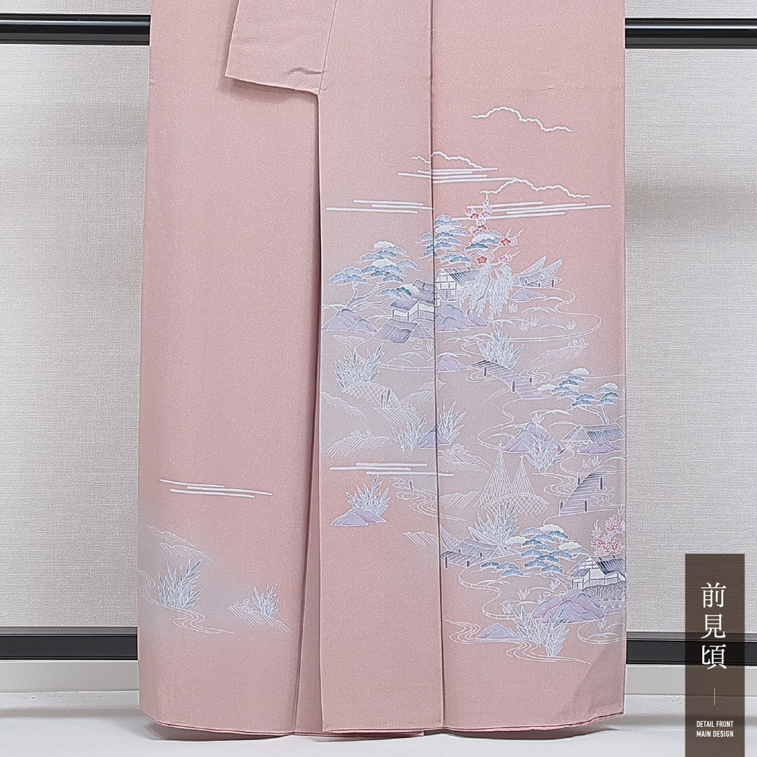訪問着 袷 身丈161cm 裄丈64cm 正絹 Cランク セミフォーマル 広衿 Lサイズ ぼかし 茶屋辻 古典的 しとやか ピンク系 RP 1217-16045