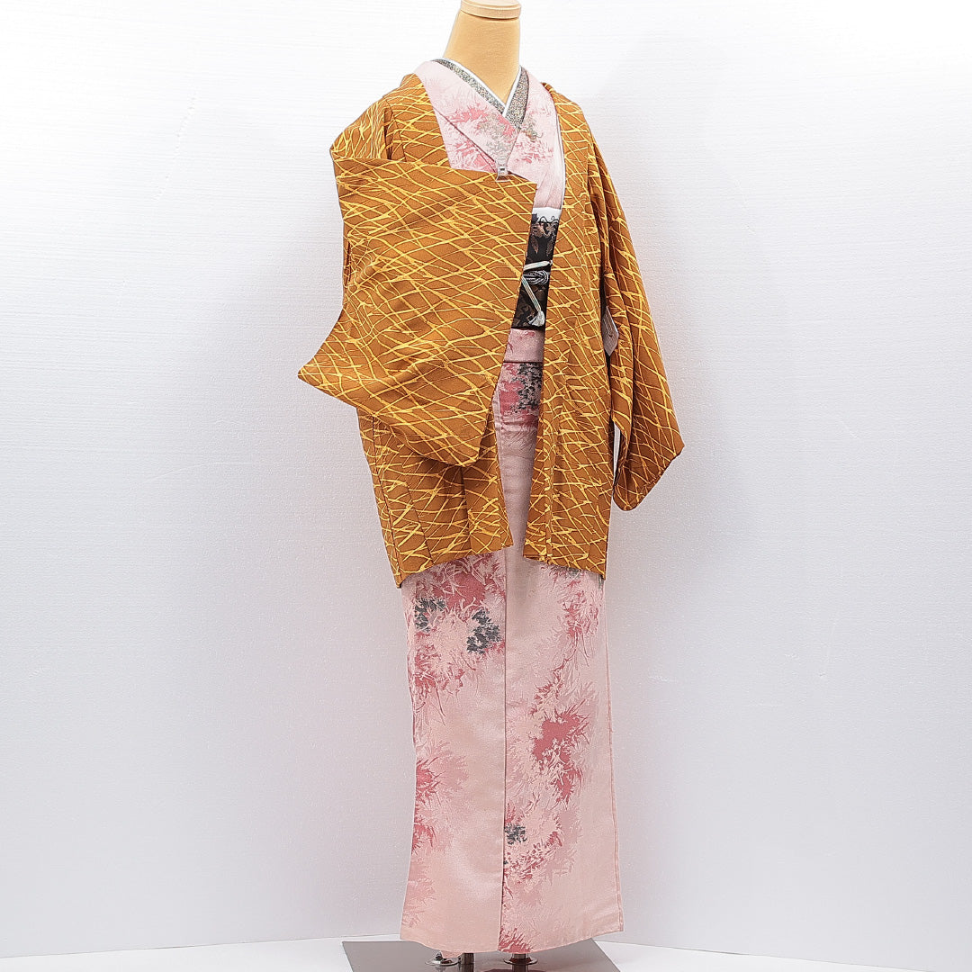 羽織 袷 身丈79cm 裄丈64cm 正絹 Sランク カジュアル Mサイズ 紐あり 創作柄 茶系 RP 1232-15460