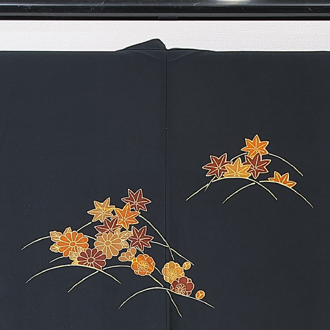 黒羽織 袷 身丈79cm 裄丈65cm 正絹 Aランク インフォーマル Mサイズ 菊 紅葉 黒系 RP 1233-15314
