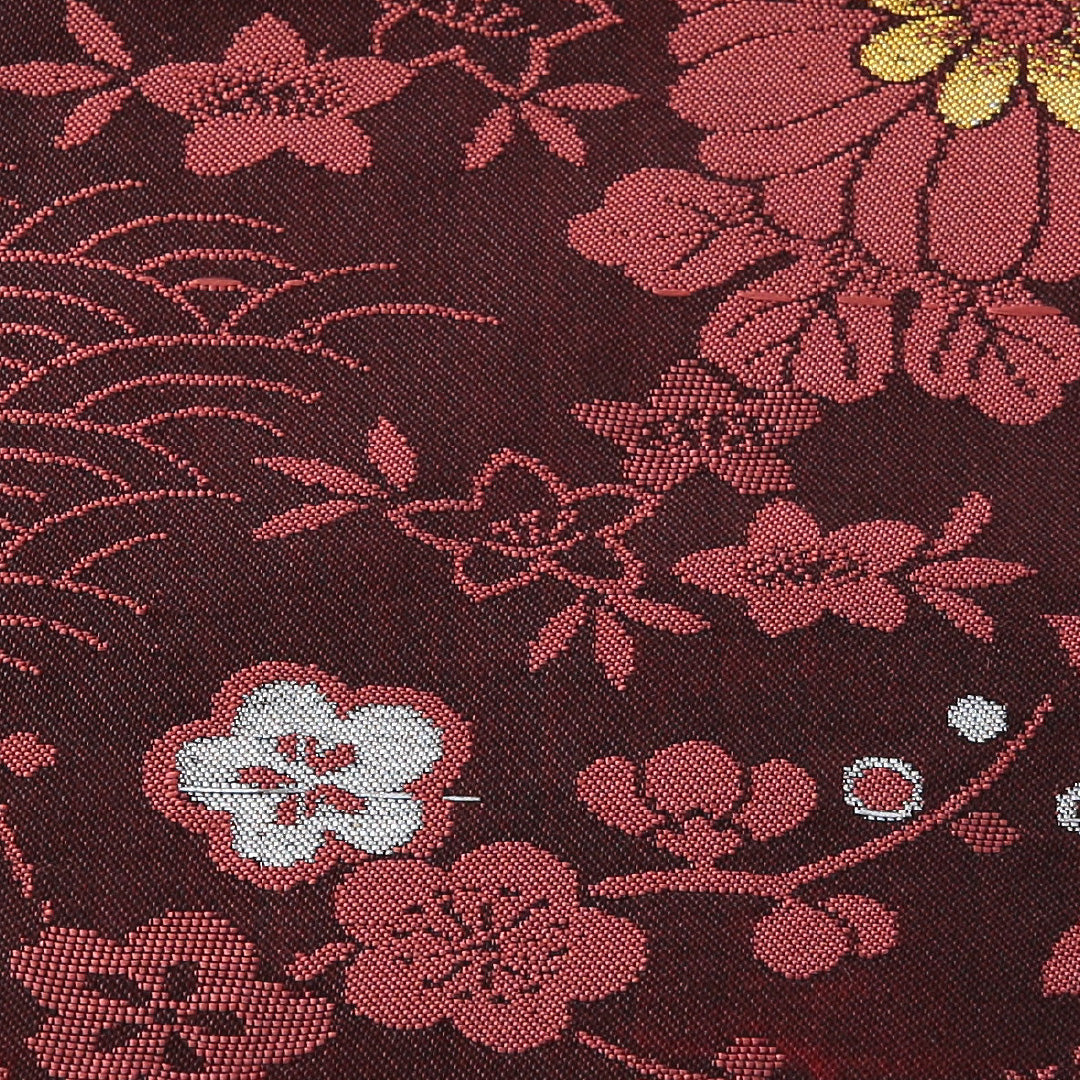 アンティーク 九寸名古屋帯 Aランク 帯丈338cm 正絹 六通 名古屋仕立て 織り 四季草花 茶系 RP 1245-03633
