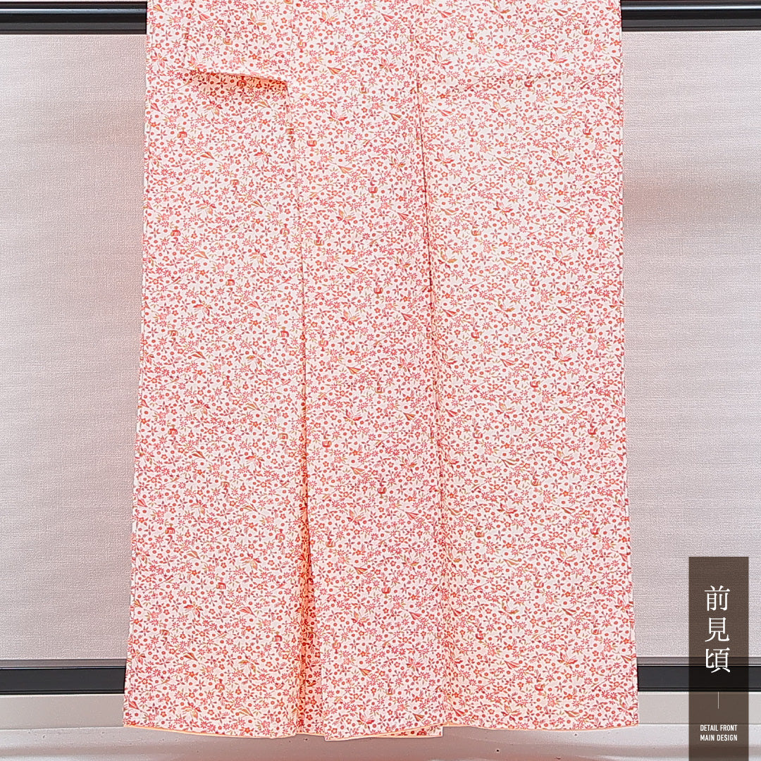 洗える着物 小紋 袷 身丈158cm 裄丈65cm ポリエステル Sランク インフォーマル 広衿 Mサイズ 蝶 花柄 白系 RP 1221-16373