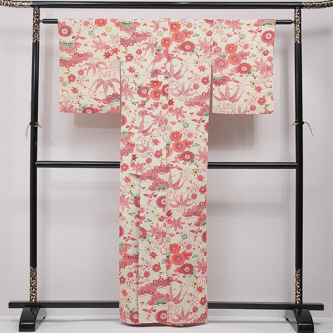 小紋 袷 身丈161cm 裄丈63cm 正絹 Cランク インフォーマル バチ衿 Lサイズ 菊 紅葉 緑系 HP 1221-15442