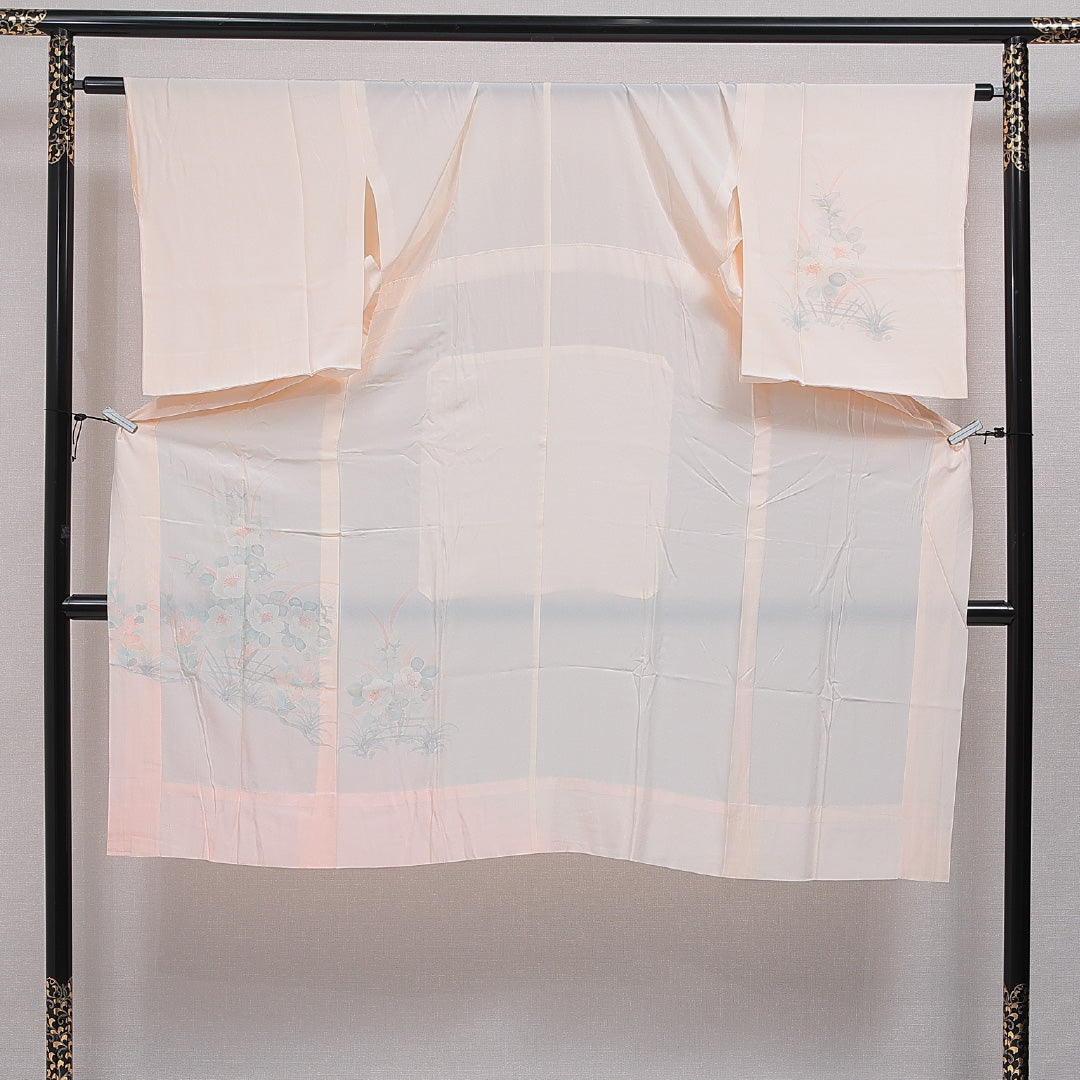 長襦袢 無双袖 身丈127cm 裄丈65cm 正絹 Sランク Mサイズ 居敷当て 椿 ピンク系 RP 1239-16515