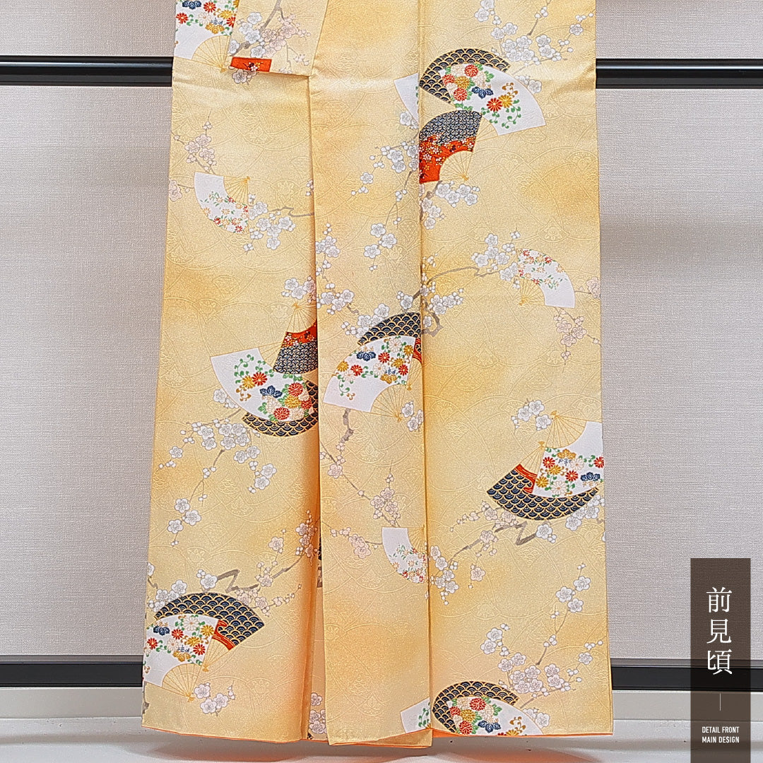洗える着物 小紋 袷 身丈159cm 裄丈64cm ポリエステル Aランク 紋意匠 (吉祥文様) インフォーマル 広衿 Mサイズ 古典柄 黄系 HP 1221-16379
