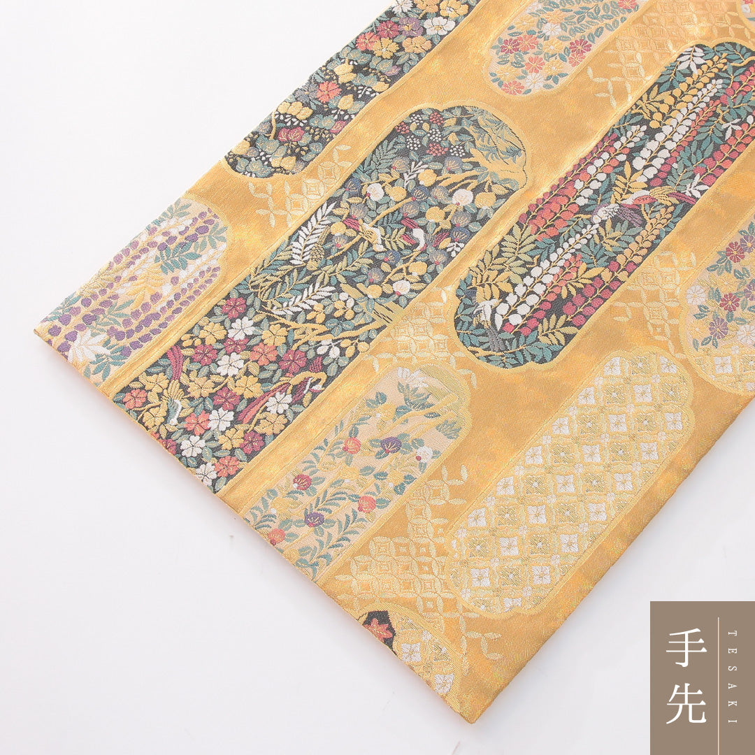 袋帯 帯丈428cm 正絹 六通 フォーマル 色紙重ね 花鳥文 金系 1243-02276