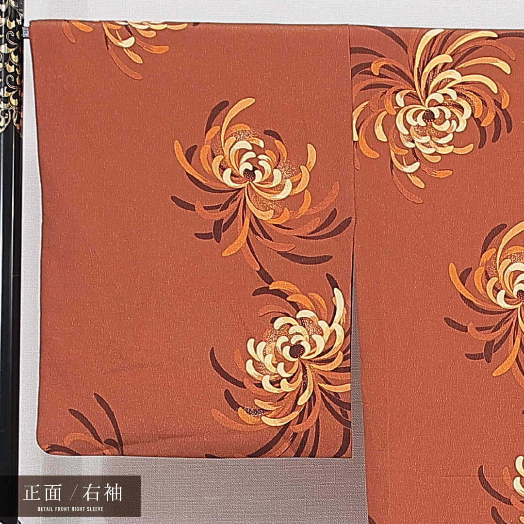 小紋 袷 身丈171cm 裄丈68cm 正絹 Sランク インフォーマル 広衿 2XLサイズ 菊 茶系 RP 1221-15714