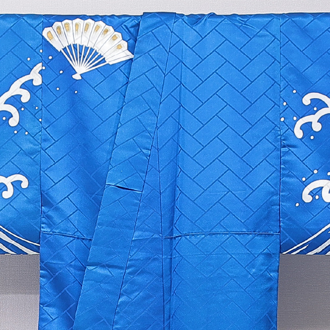 訪問着 袷 身丈150cm 裄丈60cm 正絹 Cランク Sサイズ 広衿 セミフォーマル 扇 波頭 金彩 青系 1212-15902