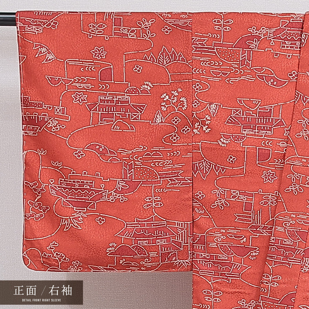 小紋 袷 身丈156cm 裄丈62cm 正絹 Aランク インフォーマル バチ衿 Mサイズ 茶屋辻 赤系 HP 1221-16040