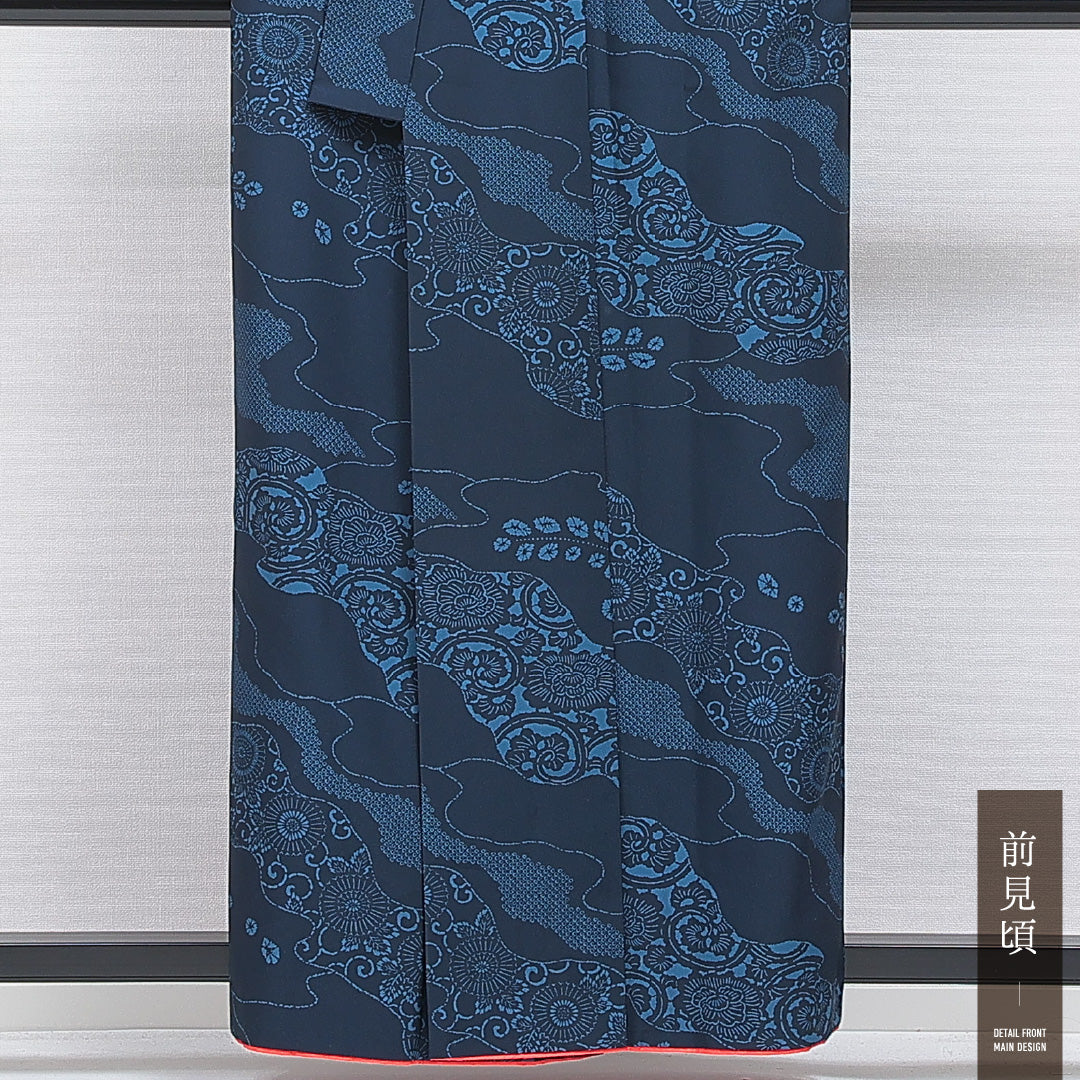 洗える着物 小紋 袷 身丈157cm 裄丈65cm ポリエステル Sランク インフォーマル バチ衿 Mサイズ 道長取り 唐菊 紺系 RP 1221-16291