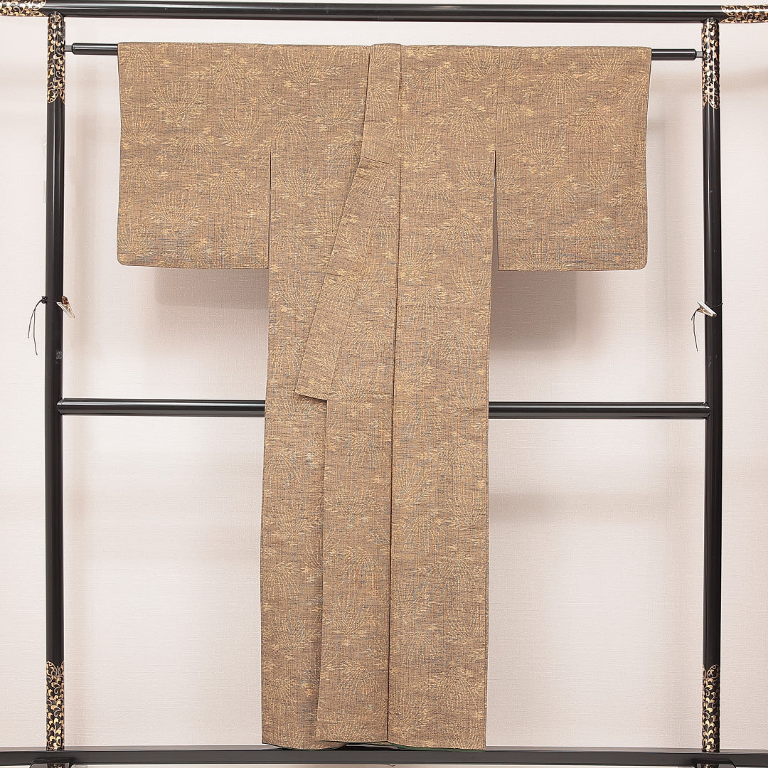 紬 袷 身丈150cm 裄丈62cm 正絹 Bランク カジュアル バチ衿 Sサイズ 植物柄 茶系 RP 1223-16919