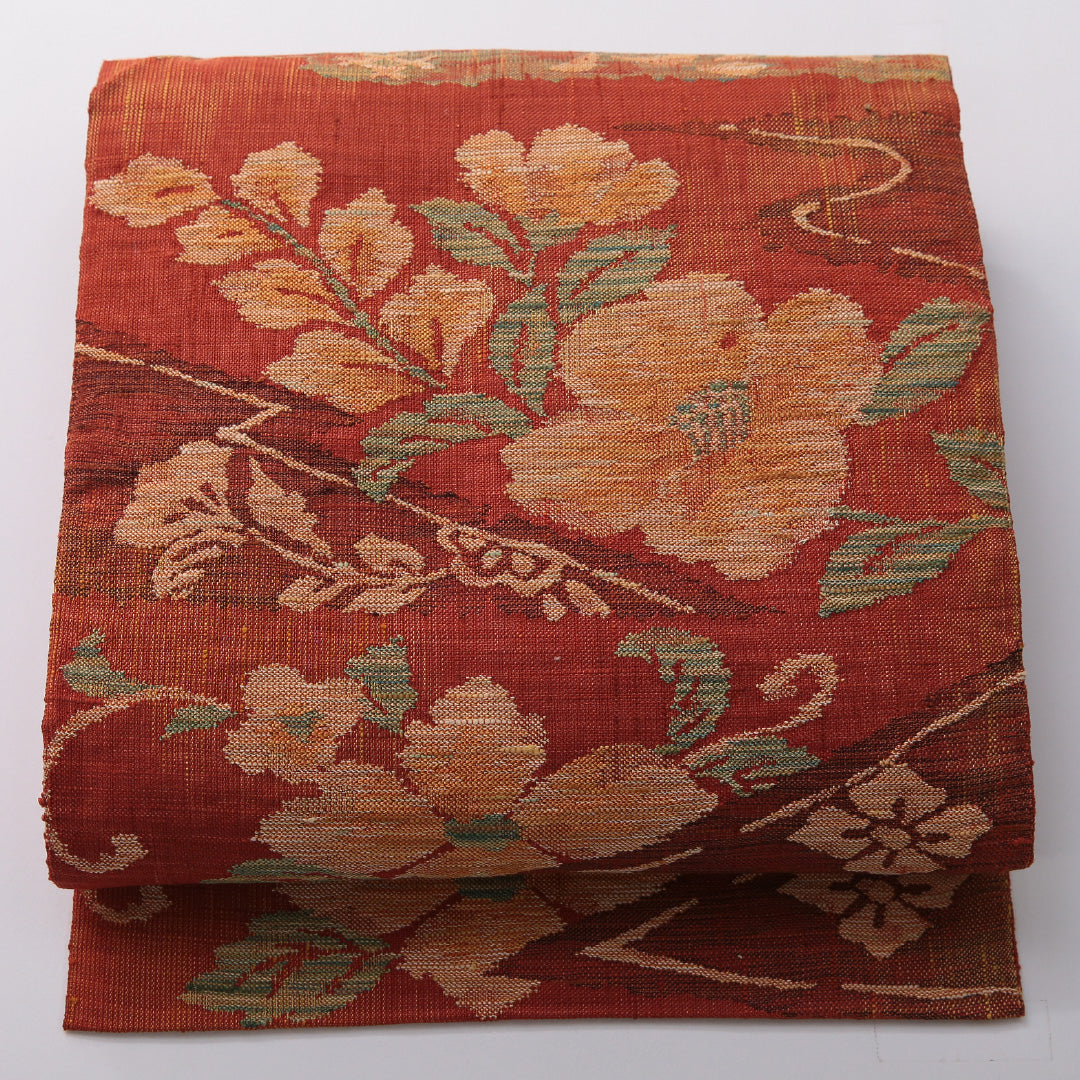 八寸名古屋帯 Sランク 帯丈363cm 正絹 六通 名古屋仕立て 織り カジュアル 紬 椿 朱系 LP 1245-03372