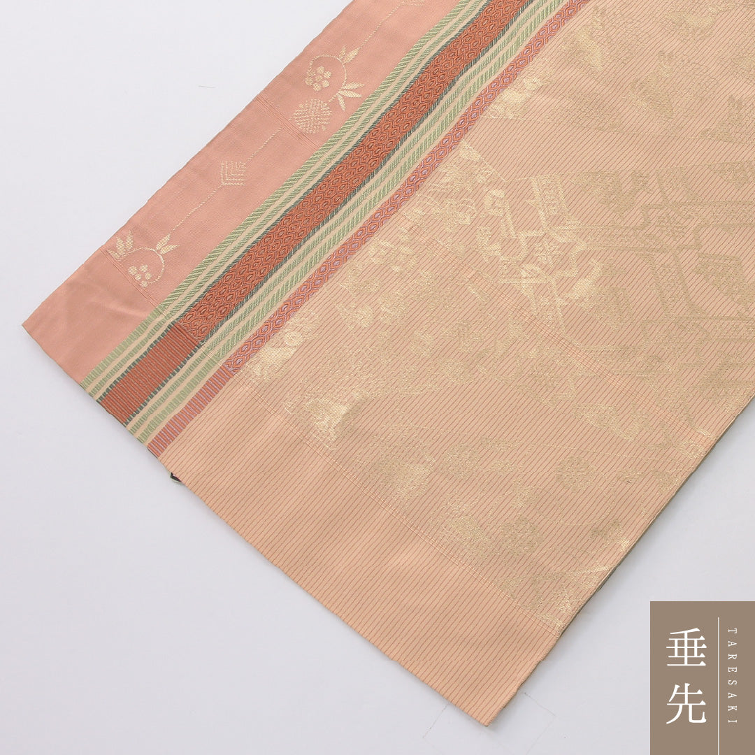袋帯 帯丈450cm セミフォーマル 六通 未仕立て 帯芯なし Sランク 正絹 有栖川鹿文 証紙 ピンク系 1223-02232