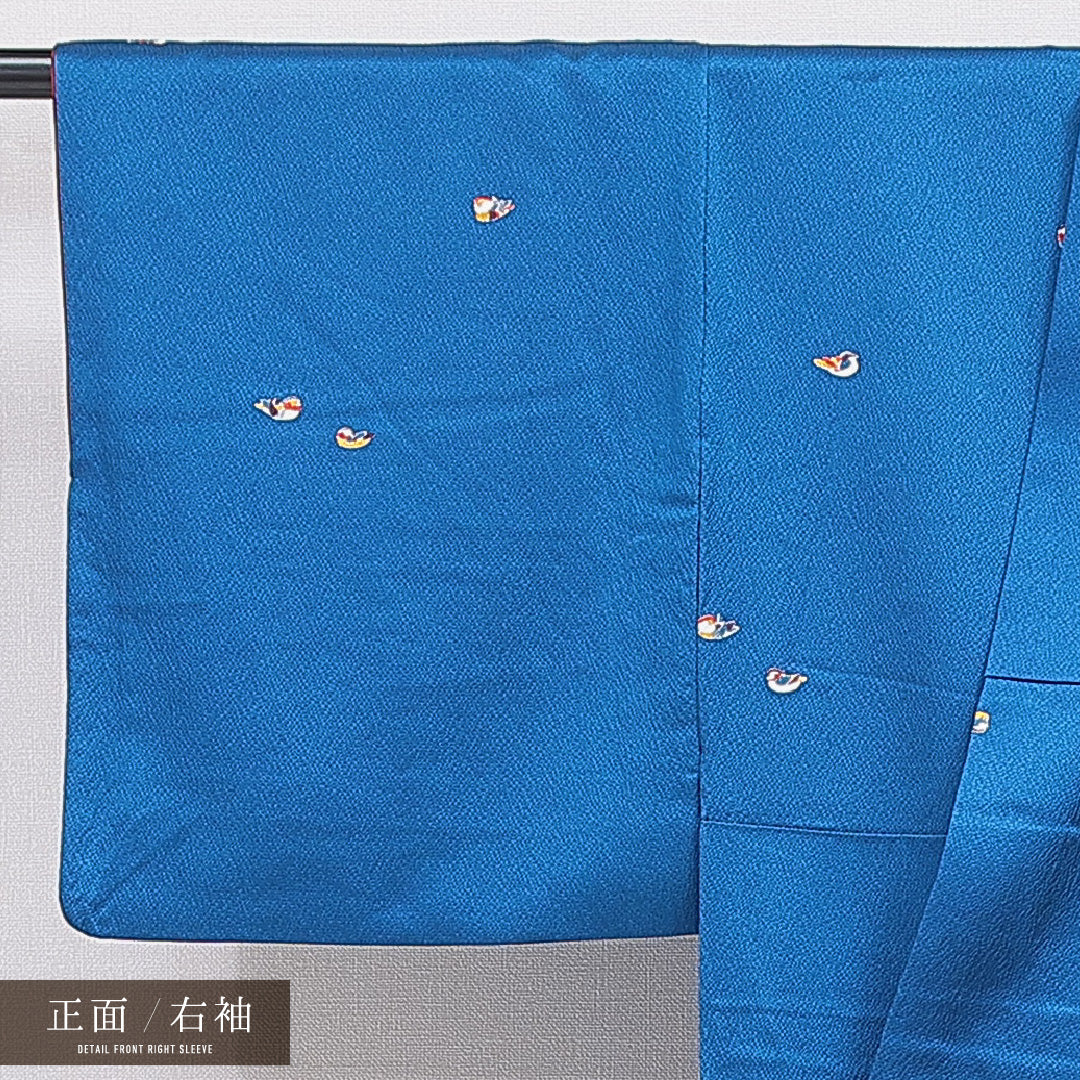 小紋 袷 身丈152cm 裄丈60cm 正絹 Sランク Sサイズ 広衿 インフォーマル 鴛鴦 青系 1215-15903