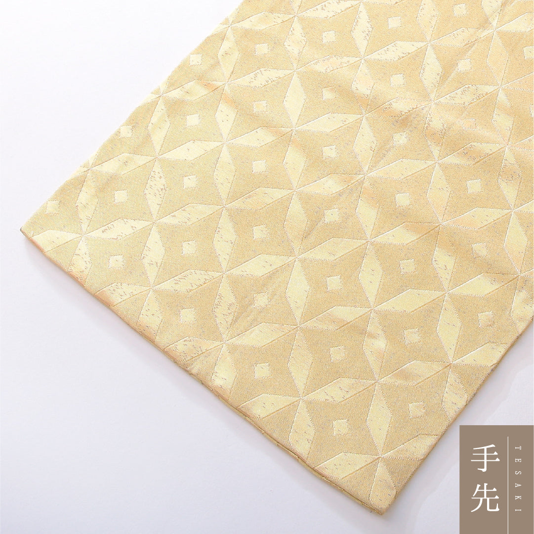 九寸名古屋帯 帯丈392cm カジュアル 開き仕立て 全通 Aランク 正絹 幾何学柄 金系 1224-03831