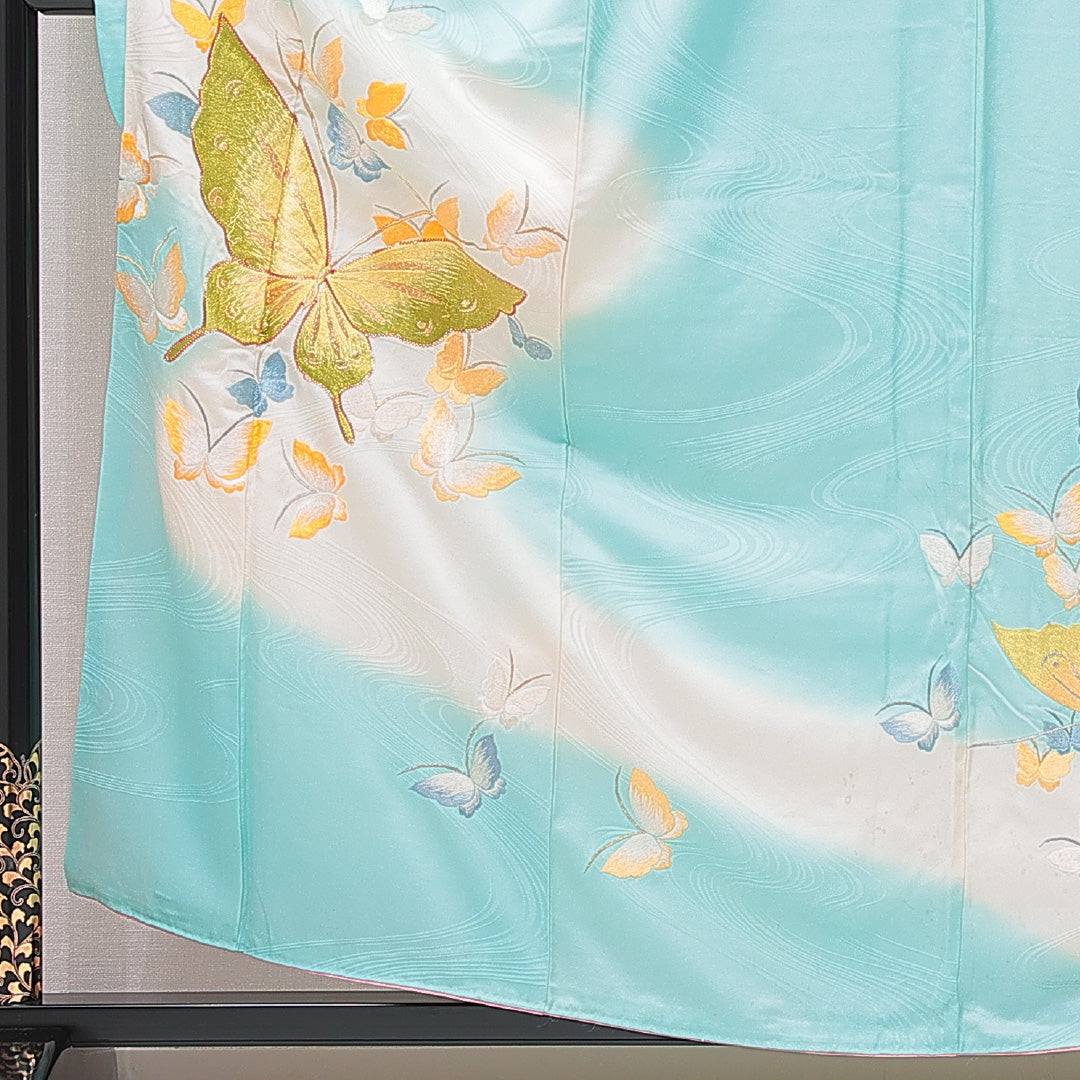 振袖 袷 身丈158cm 裄丈64cm フォーマル Cランク Mサイズ 正絹 広衿 蝶 刺繍 1213-F0650