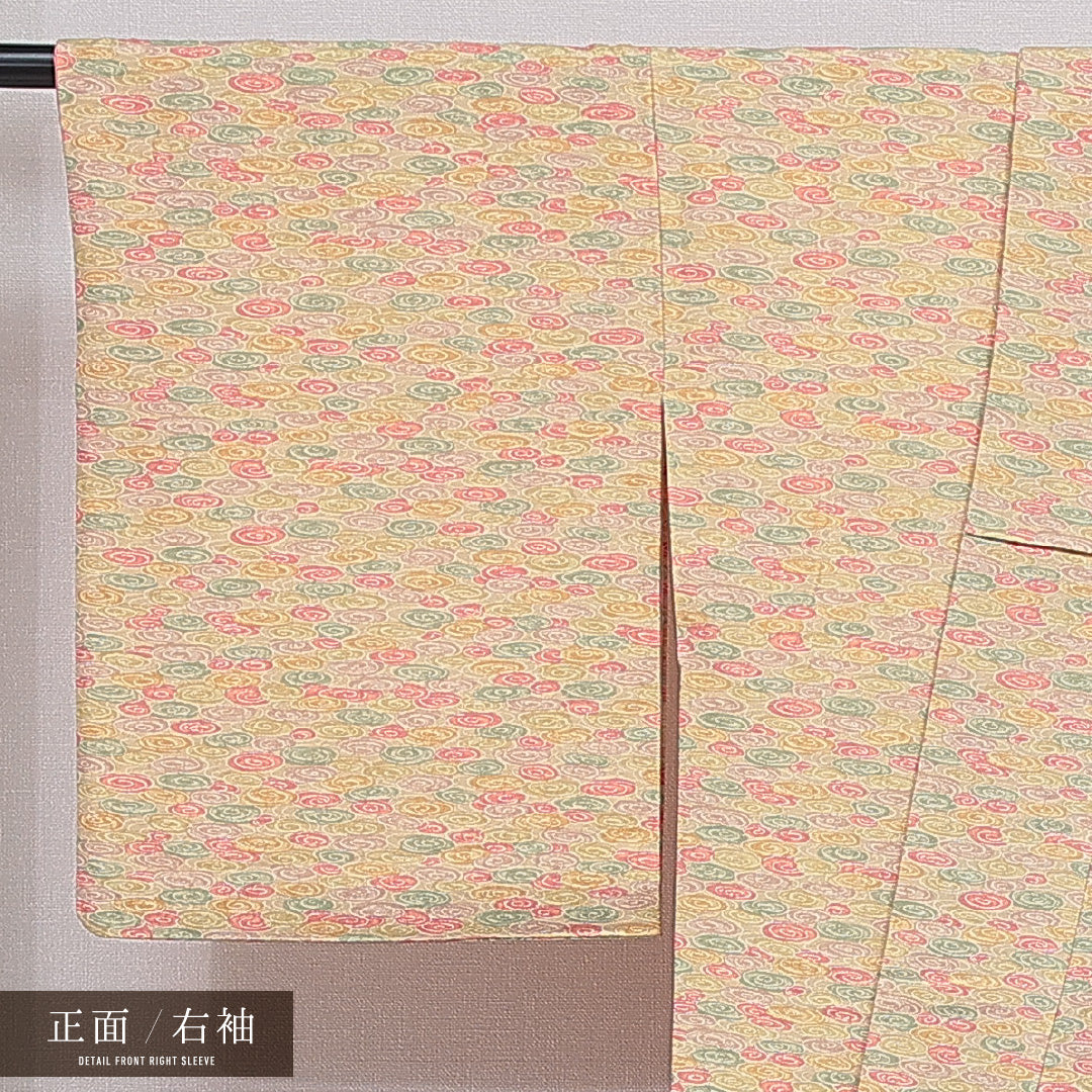 洗える着物 紬 袷 身丈163cm 裄丈66cm ポリエステル Sランク カジュアル 広衿 Lサイズ 染め紬 渦巻 多色系 RP 1223-16055
