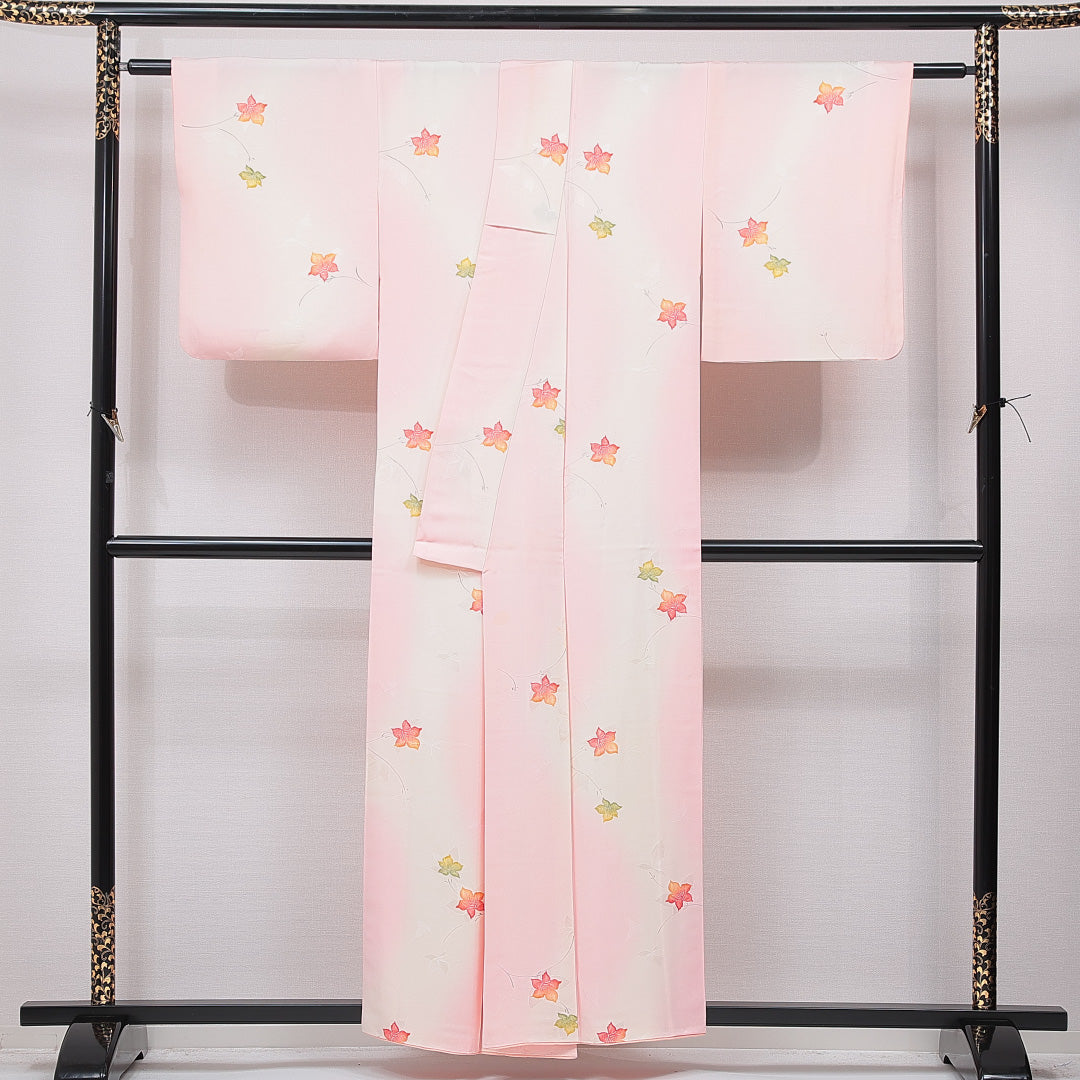 小紋 袷 身丈156cm 裄丈62cm 正絹 Cランク インフォーマル 広衿 Mサイズ 紅葉 ピンク系 HP 1221-15730