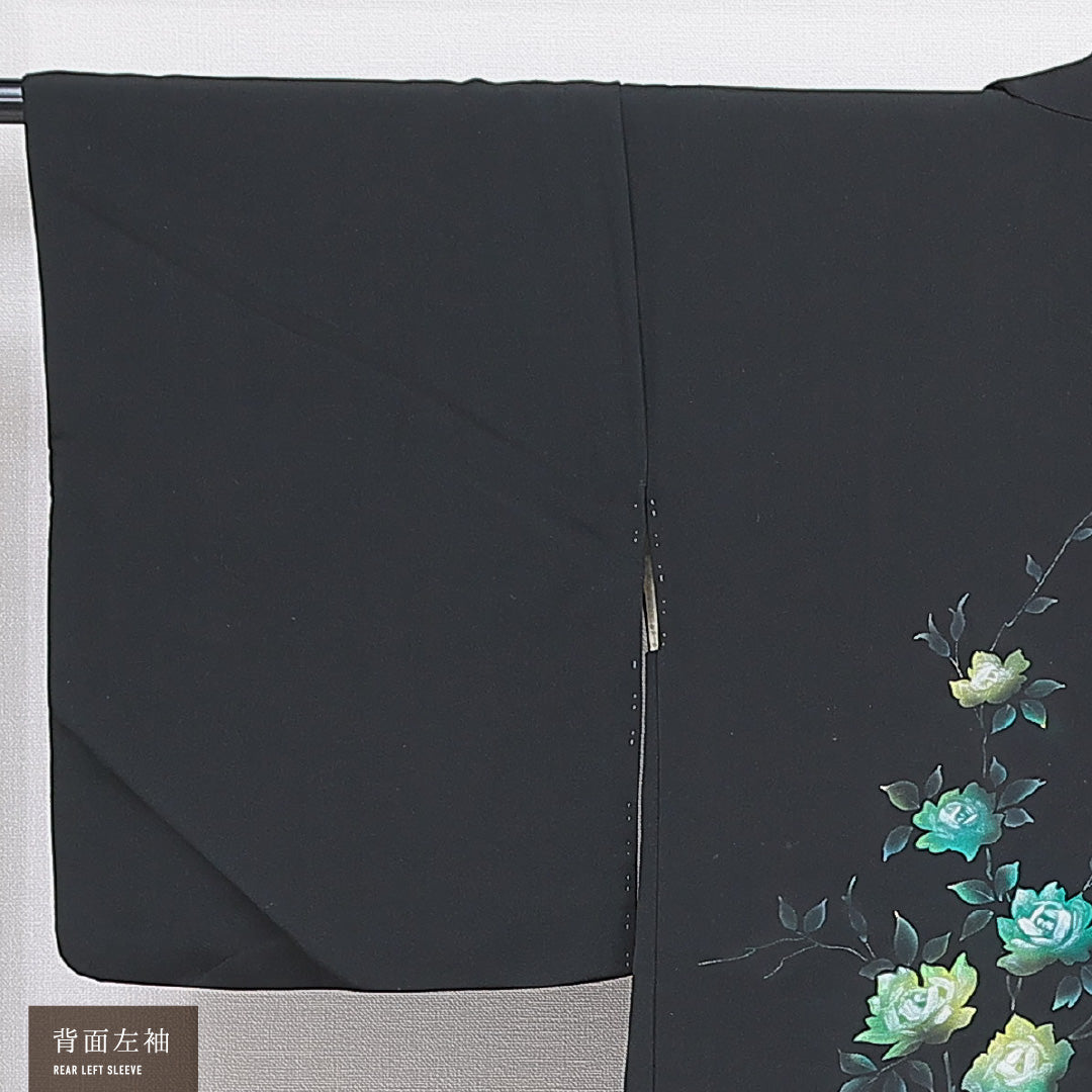 黒羽織 袷 身丈76cm 裄丈63cm 正絹 Aランク インフォーマル Sサイズ 紐あり 薔薇 黒系 RP 1233-16831