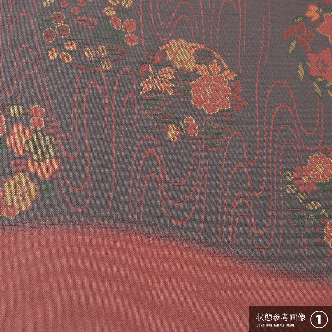 袋帯 帯丈432cm 正絹 六通 帯芯なし セミフォーマル 光琳波 丸文 グレー系 赤系 1243-02223