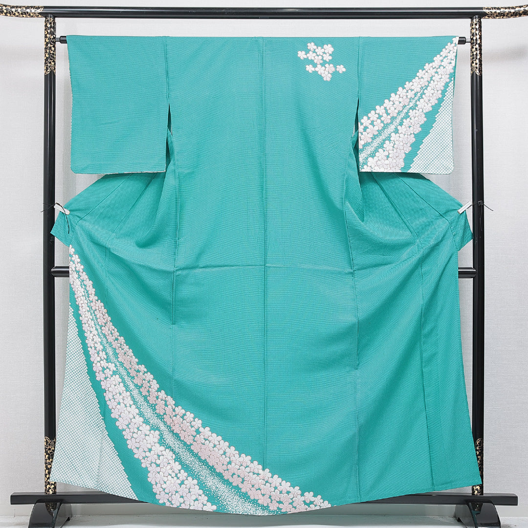付下げ 洗える着物 単衣 身丈160cm 裄丈63cm ポリエステル Cランク Lサイズ バチ衿 インフォーマル 花柄 緑系 青系 1261-16300