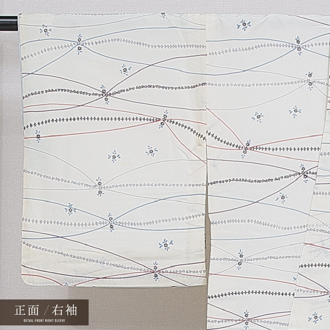小紋 洗える着物 袷 身丈155cm 裄丈67cm ポリエステル Cランク Mサイズ 広衿 インフォーマル 花柄 クリーム系 1215-16095