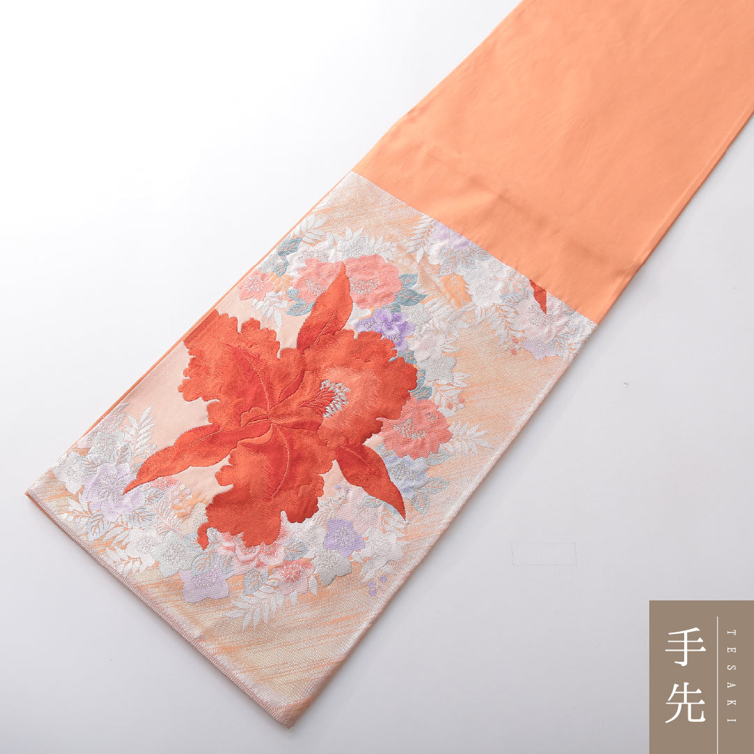 袋帯 帯丈432cm セミフォーマル 六通 Sランク 正絹 唐織 カトレヤ 朱系 1223-02125