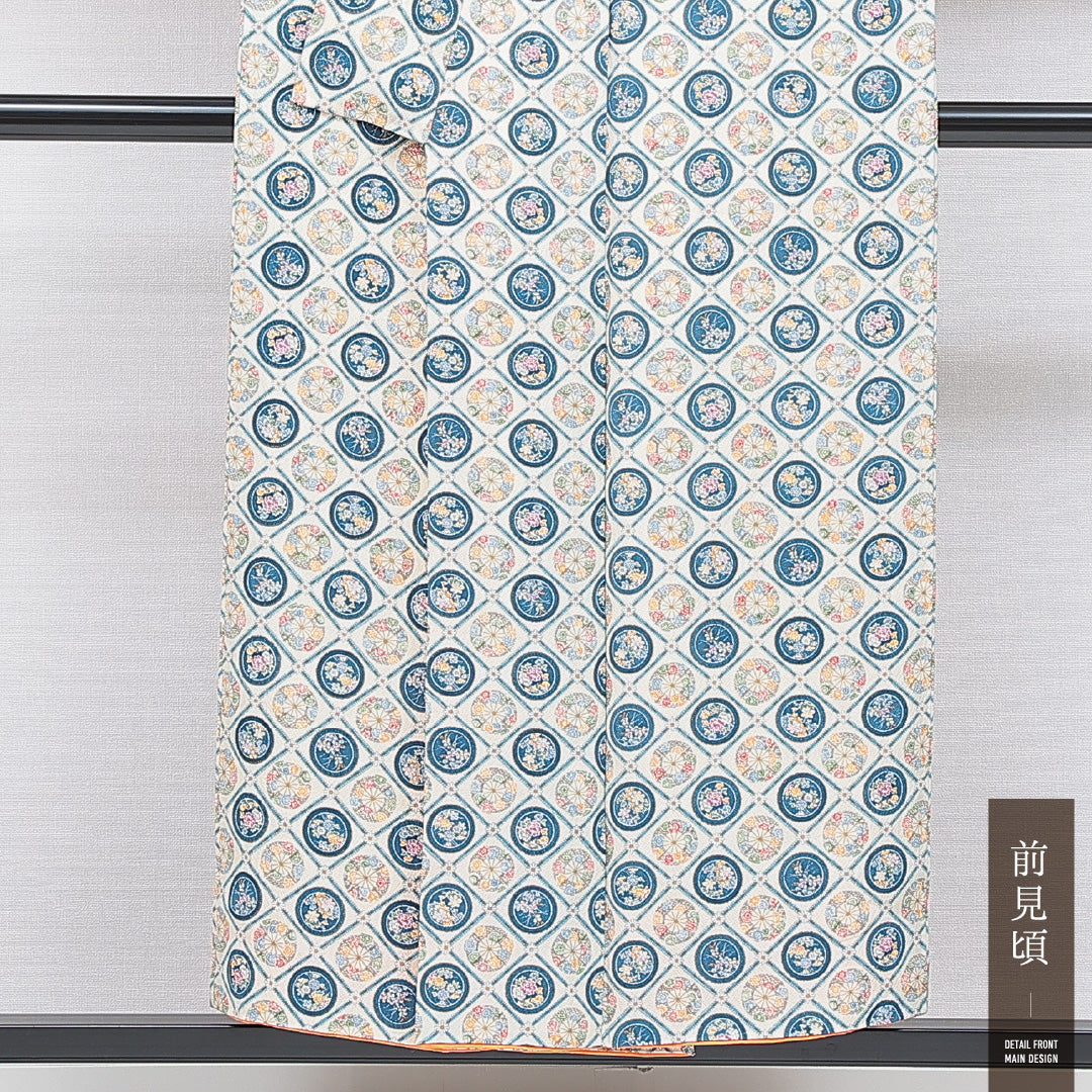 小紋 袷 身丈151cm 裄丈65cm 正絹 Aランク Sサイズ 広衿 インフォーマル ちりめん 格天井文 唐華 クリーム系 1215-16664