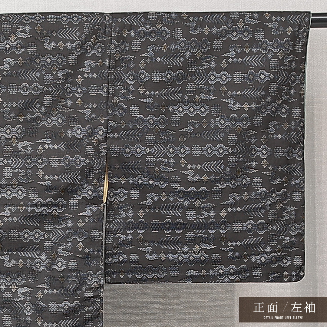 紬 袷 身丈154cm 裄丈64cm 正絹 Cランク カジュアル 広衿 Sサイズ 創作柄 紺系 LP 1223-15226